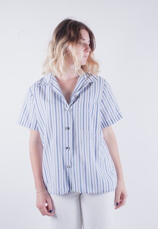 VINTAGE BOXY SEER SUCKER BLUE CHECK BUTTON DOWN BLOUSE