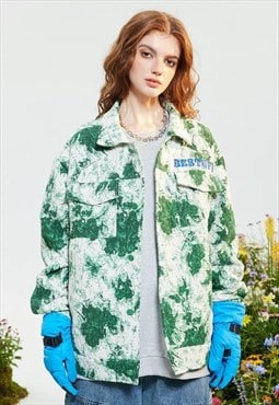 Abstract denim jacket floral jean bomber in tie-dye green