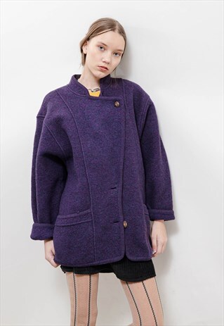 VINTAGE 60S GEIGER PURPLE WOOL AUSTRIAN BUTTON UP COAT WOMEN