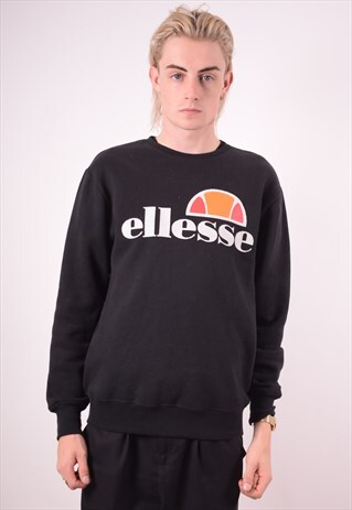 ELLESSE MENS VINTAGE SWEATSHIRT JUMPER MEDIUM BLACK 90S