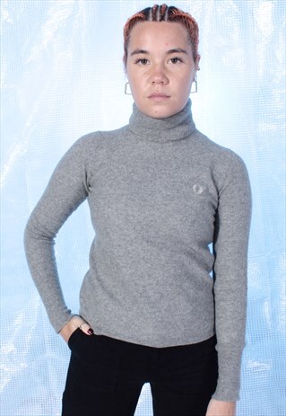 VINTAGE FRED PERRY GREY KNITTED ROLL NECK JUMPER