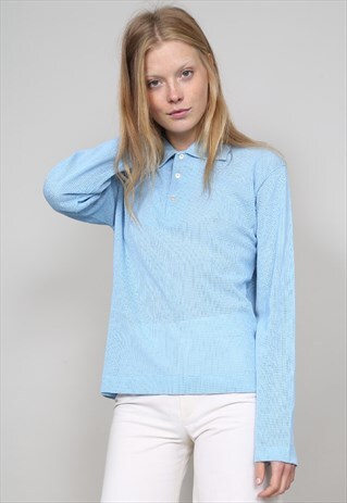 VINTAGE 70'S BABY BLUE LONG SLEEVED MESH POLO T-SHIRT