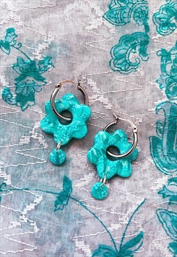 Handmade Sterling Silver Hoop Flower Earrings in Marble Aqua