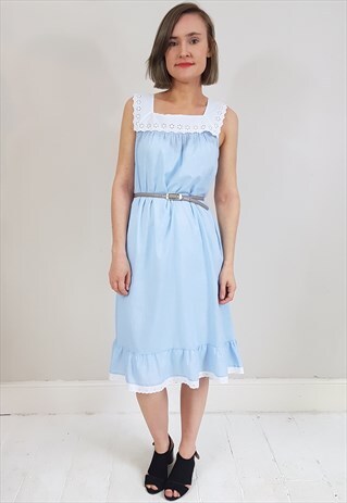 VINTAGE 90'S LIGHT BLUE AND WHITE FRILL NIGHT DRESS