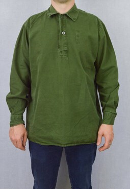 Vintage Henley Smock Shirt Grandad Top Cotton Green