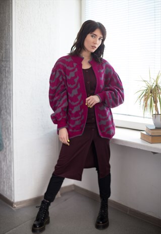 VINTAGE 80'S NO FASTENING WOOL CARDIGAN IN GREY/ PURPLE