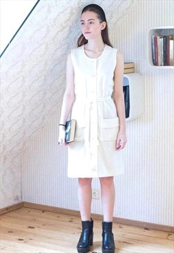 Cream woven sleeveless shirt style belted vintage dress