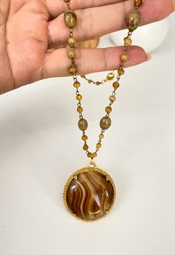 1970's Tigers Eye Medallion Necklace in Caramel & Gold