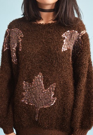 80'S RETRO LEAF EMBROIDERY SEQUINED FLUFFY KNIT JUMPER