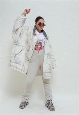 Vintage Y2k Oversized Silver Snowflake Print Puffer Jacket