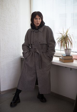 VINTAGE 70'S WOOL BELTED COAT IN GREY