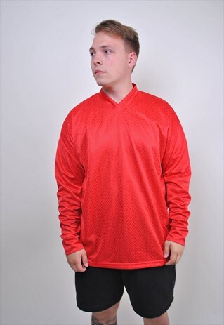 80S RED LONG SLEEVE V-NECK FOOTBALL JERSEY, SIZE XXL