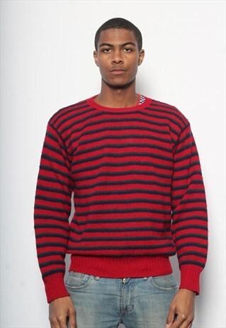 VINTAGE BENETTON STRIPED WOOL JUMPER RED BLUE