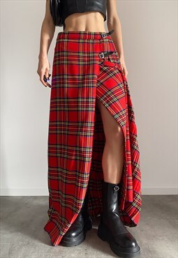 Vintage Y2K 00s red pleated plaid tartan maxi skirt 