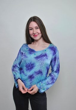 Abstract blue blouse Vintage long sleeve festival shirt