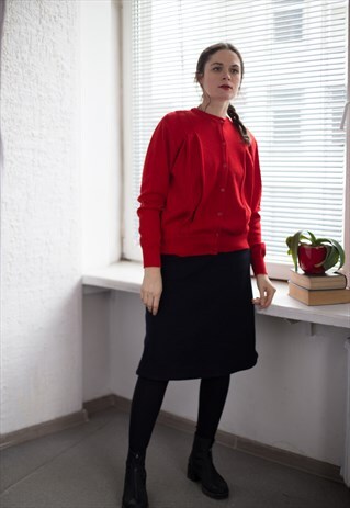 VINTAGE 70'S RED WOOL PLEATED CARDIGAN