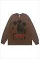 PUNK CARTOON T-SHIRT LONG SLEEVE TEE GRUNGE MOHAWK TOP BROWN