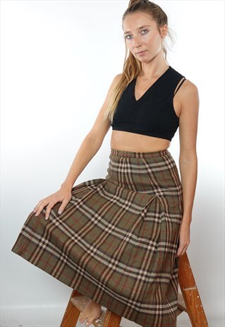 VINTAGE BURBERRY WOOL SKIRT CHECKED WOMEN SMALL