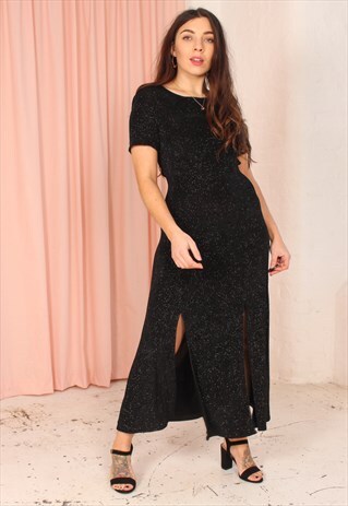 VINTAGE 70S PARTY DRESS IN BLACK GLITTER PRINT