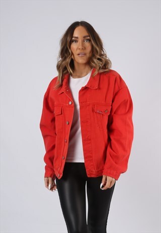 VINTAGE DENIM JACKET RED OVERSIZED FITTED UK 16 XL (AEI)