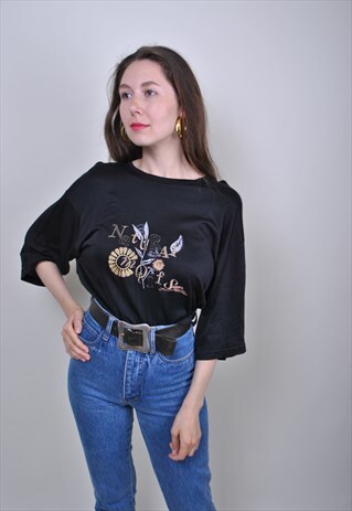 FLORAL EMBROIDERY BLACK TSHIRT, NATURE QUARTER SLEEVE TEE