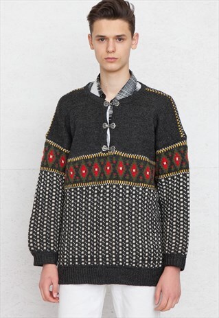 VINTAGE GREY KNIT NORWEGIAN JUMPER SWEATER