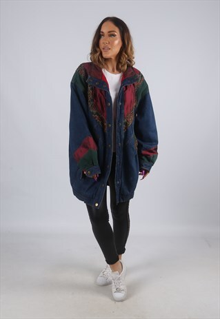 VINTAGE DENIM BOMBER JACKET OVERSIZED LONG UK 14 (KBN)