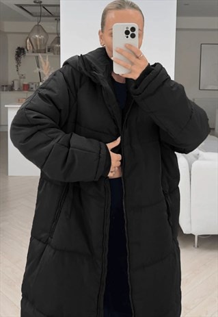 JUSTYOUROUTFIT  LONG HOODED DUVET COAT BLACK