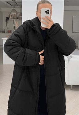 JUSTYOUROUTFIT  Long Hooded Duvet Coat Black