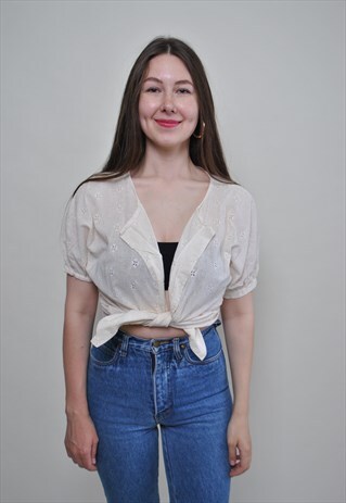 MINIMALIST FLORAL BLOUSE, VINTAGE EMBROIDERED CROPPED SHIRT