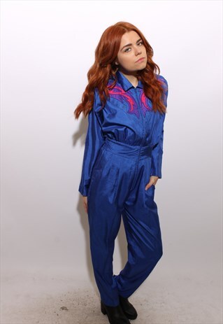 VINTAGE 1980'S 80'S ELECTRIC BLUE SATIN JUMPSUIT ROMPER XS-S