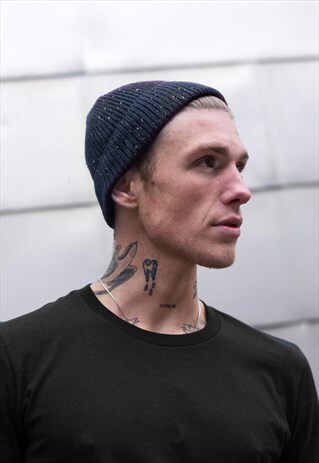 PAINT FLECK RIBBED FISHERMAN BEANIE HAT - NAVY BLUE