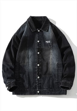 Patchwork denim jacket bleached jean bomber in washed black