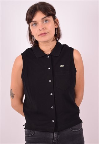 LACOSTE WOMENS VINTAGE SHIRT SLEEVELESS LARGE BLACK 90S