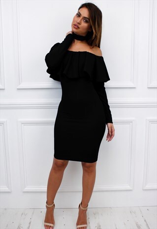 BLACK FRILL BARDOT OFF SHOULDER LONG SLEEVE MIDI DRESS