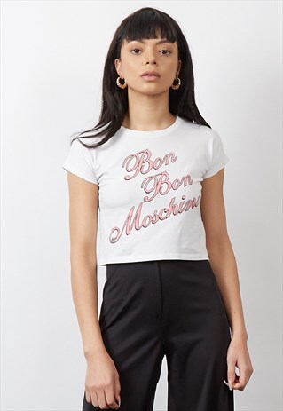 RARE VINTAGE 90'S MOSCHINO PINK LOGO CROP T-SHIRT