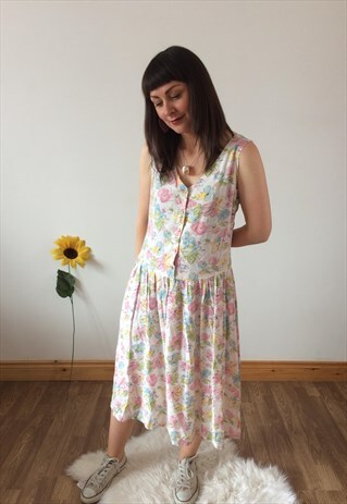 VINTAGE 90S WHITE FLORAL MIDI DRESS