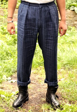 VINTAGE RALPH LAUREN STRIPED NAVY LINEN TROUSERS