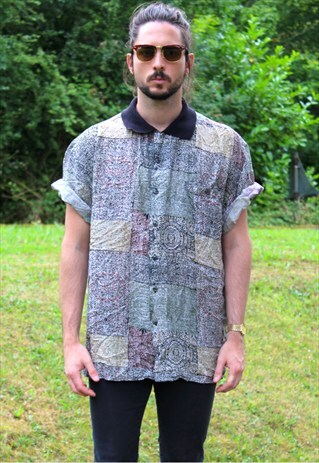 VINTAGE 80S ART NERD SILK SHIRT - LARGE