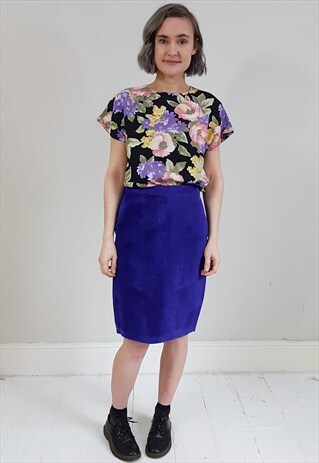 VINTAGE 80'S BLUE/PURPLE SUEDE SKIRT W/ POPPER KICK SPLIT