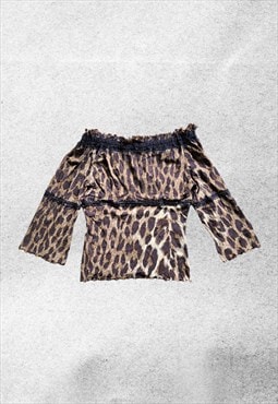 vintage leopard print off shoulder mesh top