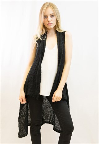 SLEEVELESS WOOL KNITTED LONG CARDIGAN BLACK CY