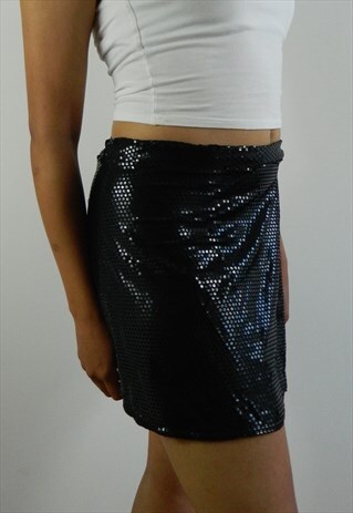 BLACK SHINY METALLIC Y2K STYLE MINI WRAP PARTY SKIRT