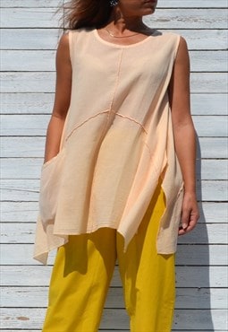 Pastel salmon organic cotton sleeveless asymmetrical top