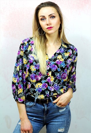 1980S VINTAGE PURPLE FLORAL SEMI SHEER BLOUSE