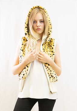 Fuax Fur Short Gilet with removeable hoody in leopard