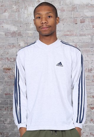 VINTAGE ADIDAS LOGO THREE STRIPE LONG SLEEVE T-SHIRT WHITE