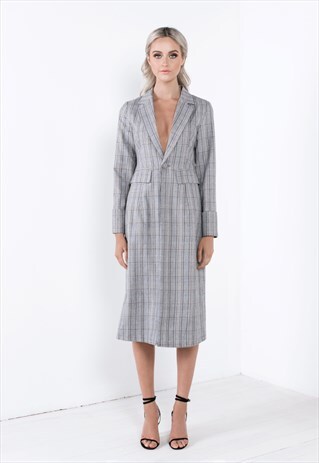 GREY HUED CHECK PRINT LONGLINE COAT