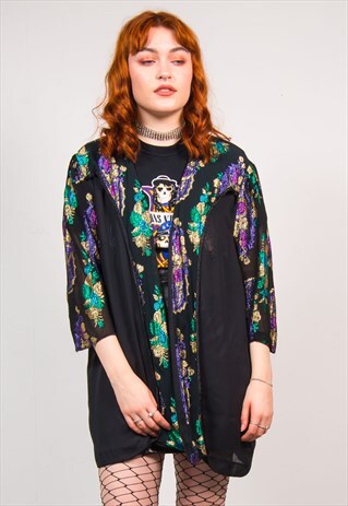 90'S BLACK & MUTICOLOUR GLITTER FLORAL PRINT KIMONO JACKET
