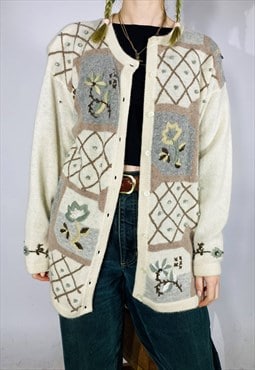 Vintage Size L Wool Floral Embroidered Cardigan in White